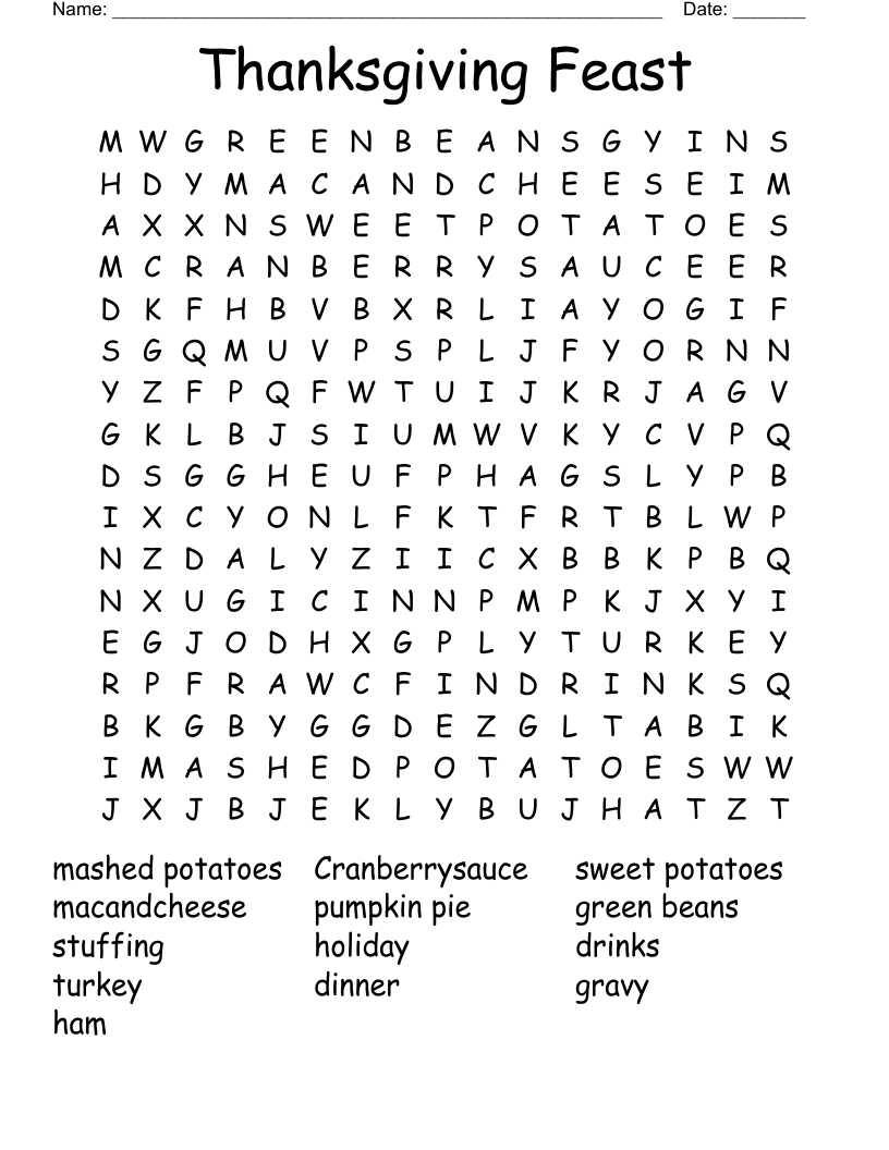 Thanksgiving Feast Word Search - Wordmint for A Thanksgiving Feast Word Search Answers