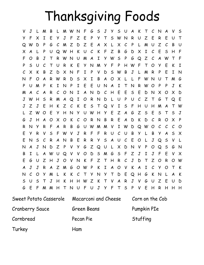 Thanksgiving Foods Word Search - Wordmint within Thanksgiving Menu Word Search