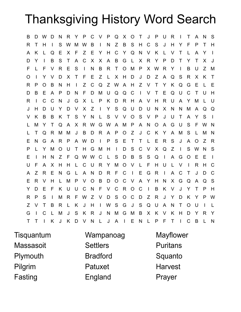 Thanksgiving History Word Search - Wordmint with William Bradford and The First Thanksgiving Word Search Answers