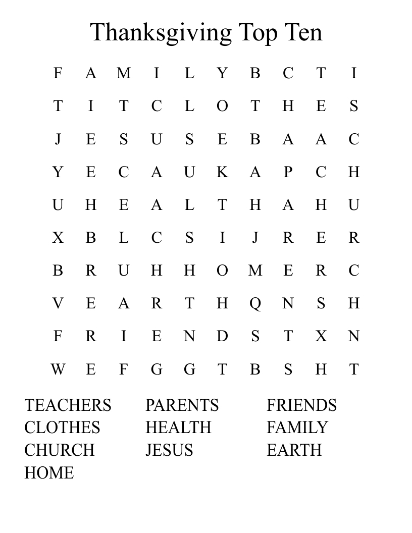 Thanksgiving Top Ten Word Search - Wordmint with regard to Top Ten Word Search For Thanksgiving