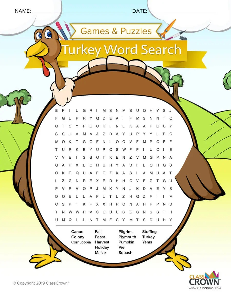 Thanksgiving Turkey Word Search - Puzzles | Classcrown inside Thanksgiving Word Search For 2nd Grade