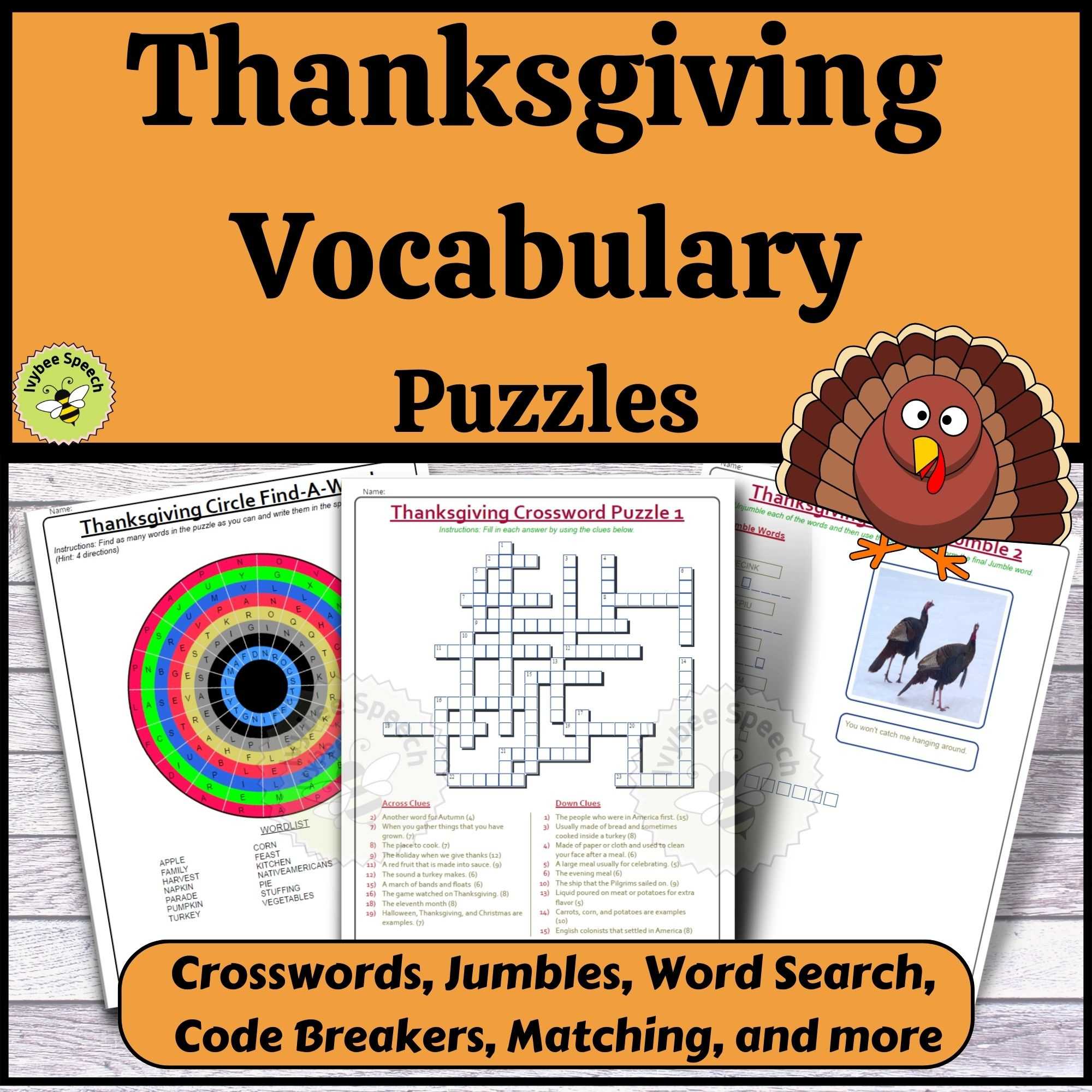 Thanksgiving Vocabulary Puzzles Crosswords Word Searches Code inside Thanksgiving Articulation Word Search