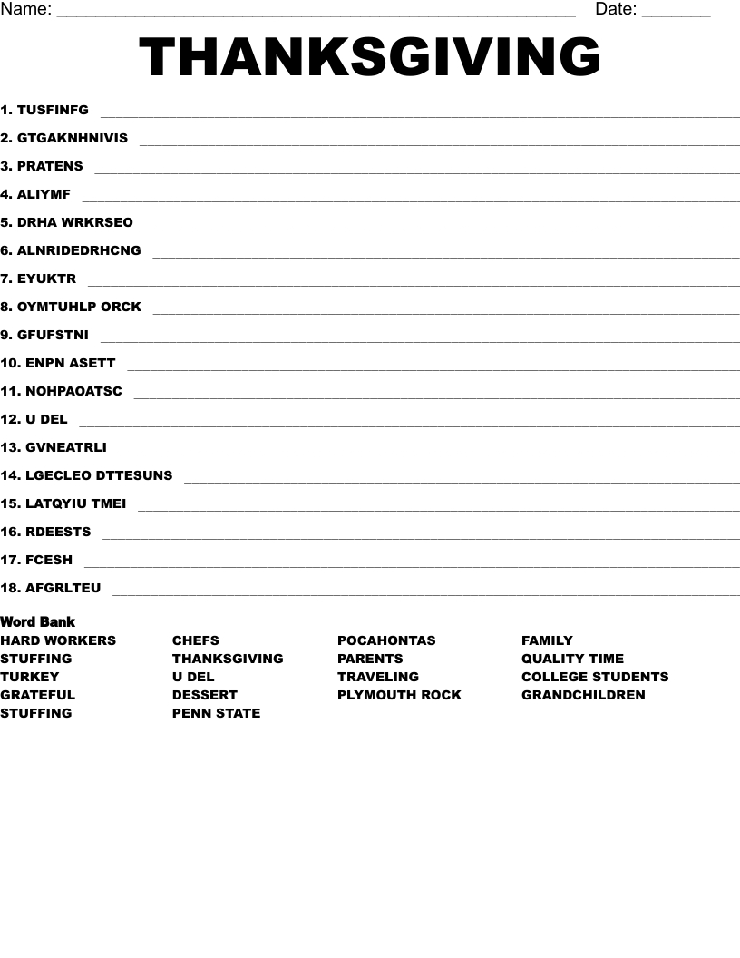 Thanksgiving Word Scramble - Wordmint pertaining to Thanksgiving Anagrams Word Search Answer