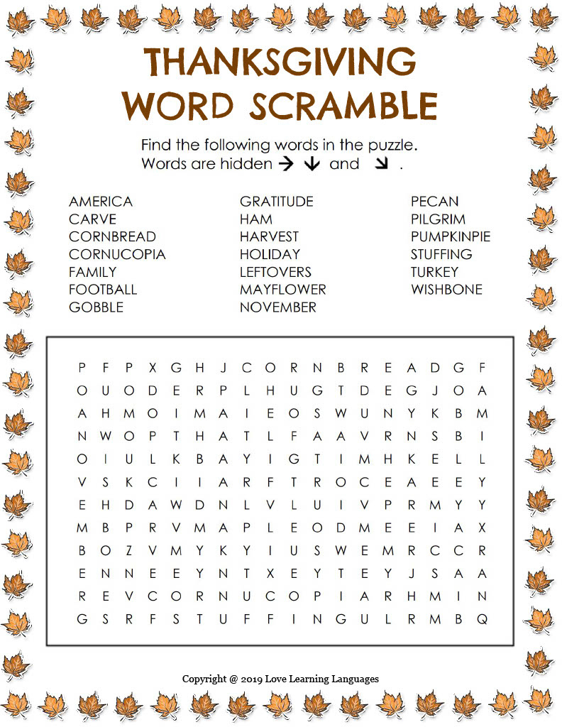 Thanksgiving Word Search 2 for Thanksgiving Word Search East