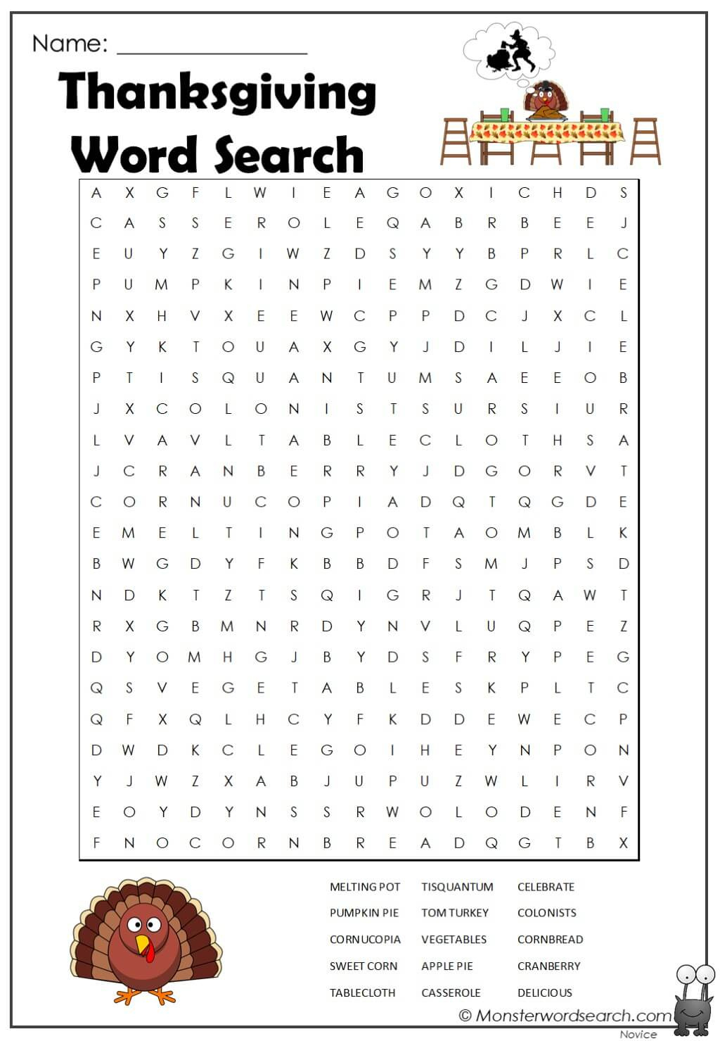 Thanksgiving Word Search 2 - Monster Word Search with regard to Grade 2 Thanksgiving Word Search