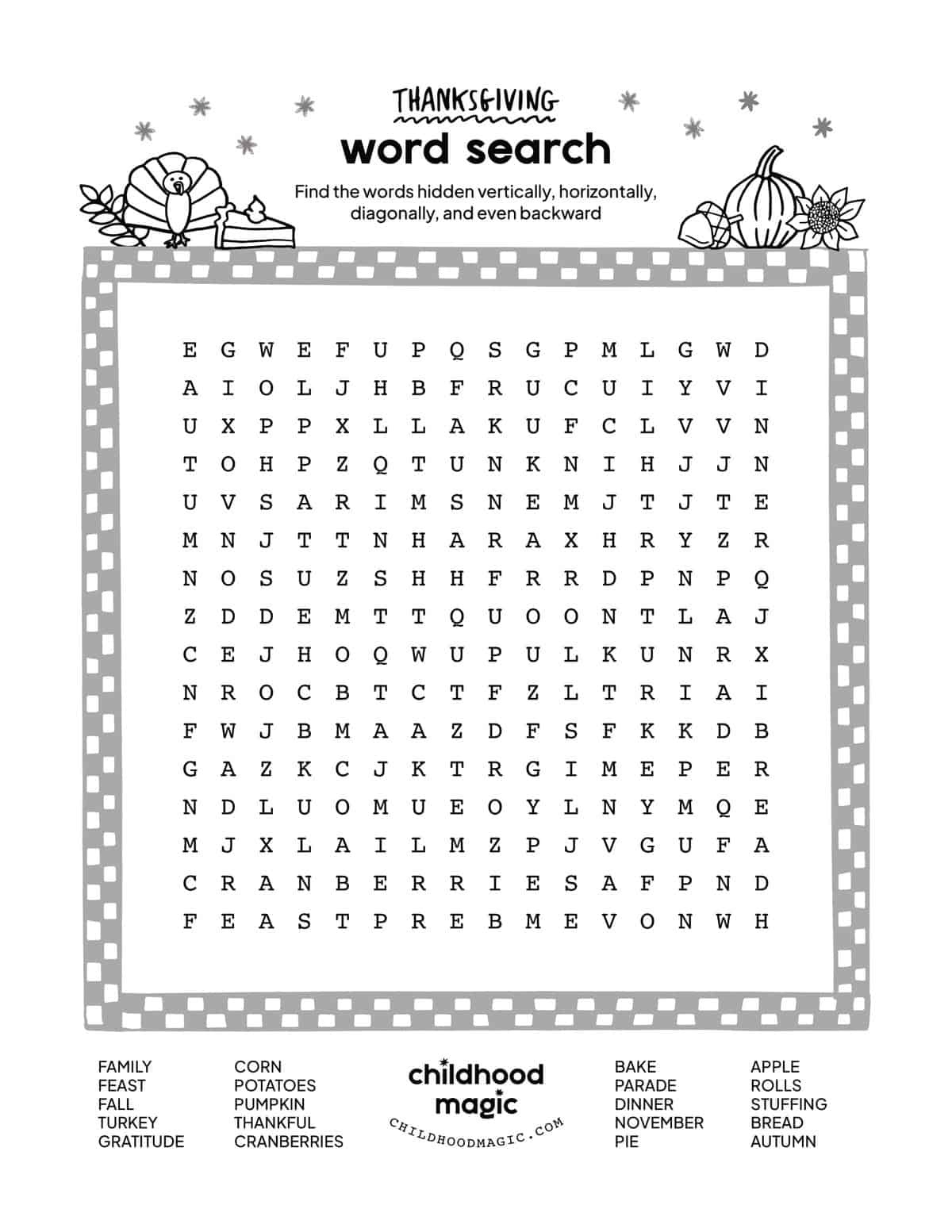 Thanksgiving Word Search - Childhood Magic throughout Thanksgiving Word Search Download