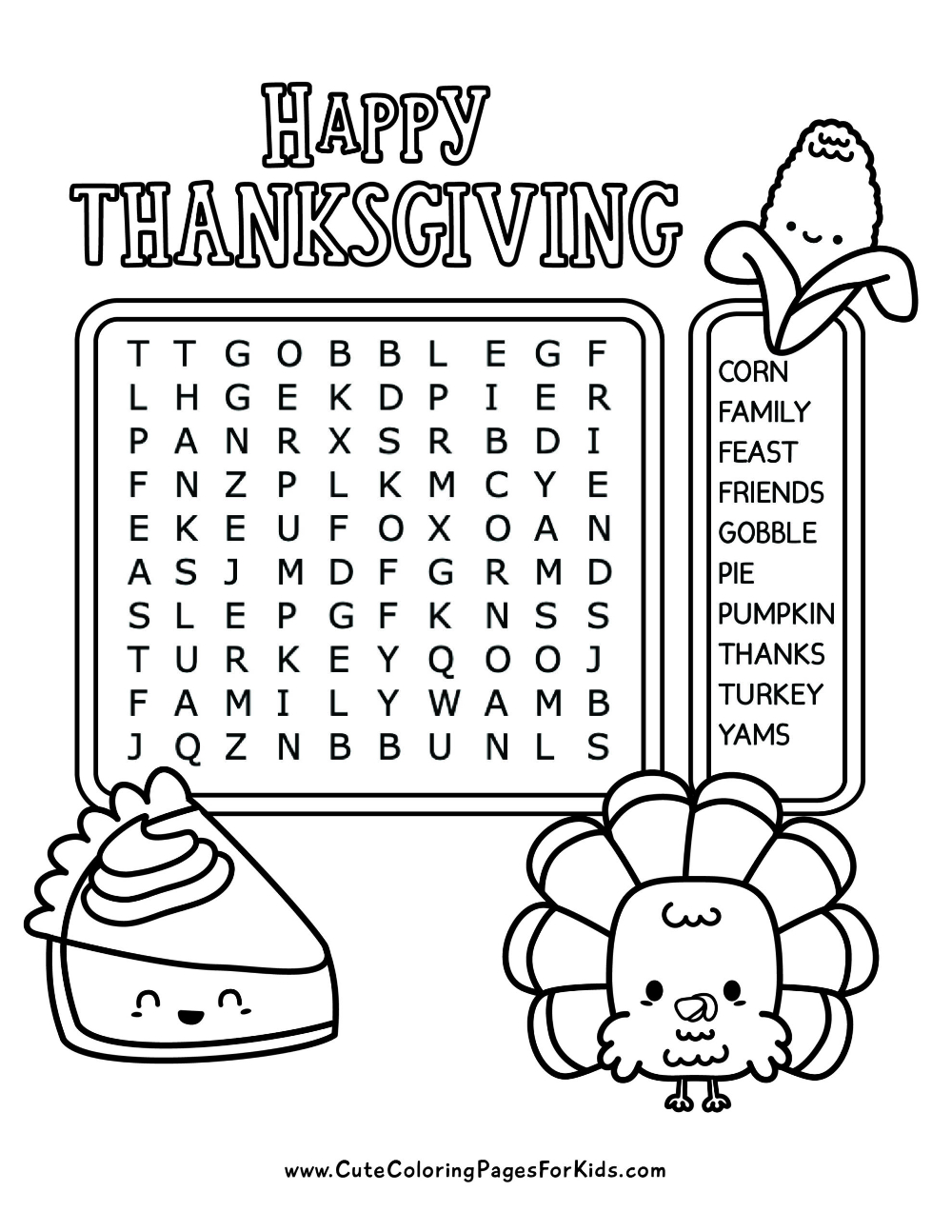Thanksgiving Word Search - Cute Coloring Pages For Kids with Thanksgiving Word Search For Second Graders