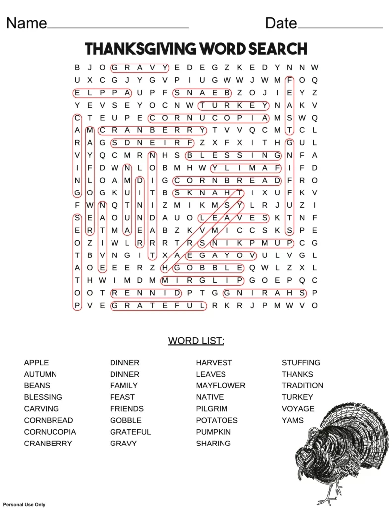 Thanksgiving Word Search | Free Printable Pdf throughout Thanksgiving Answer Key Word Search