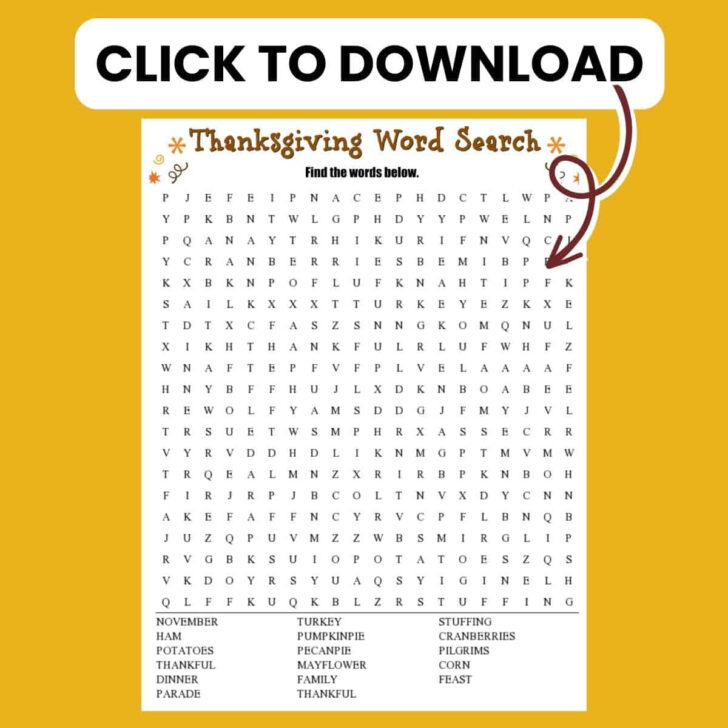 Classroom Thanksgiving Word Search