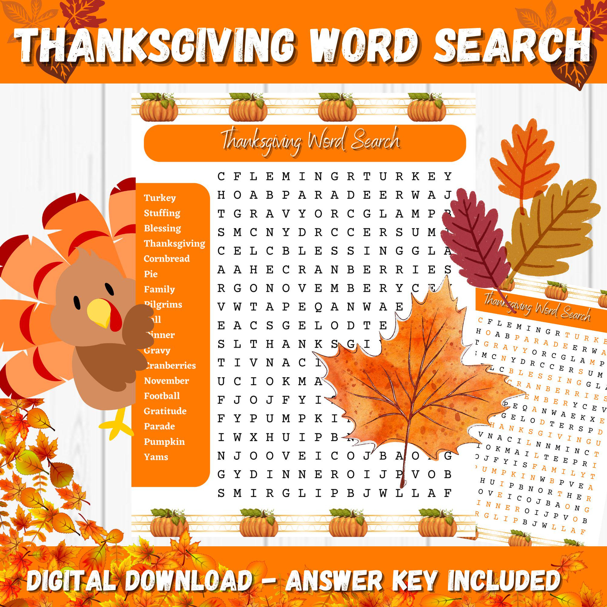Thanksgiving Word Search Game, Thanksgiving Activity For Kids, Thanksgiving  Printable Game, Fall Word Puzzle, Word Search For Adults for Digital Thanksgiving Word Search