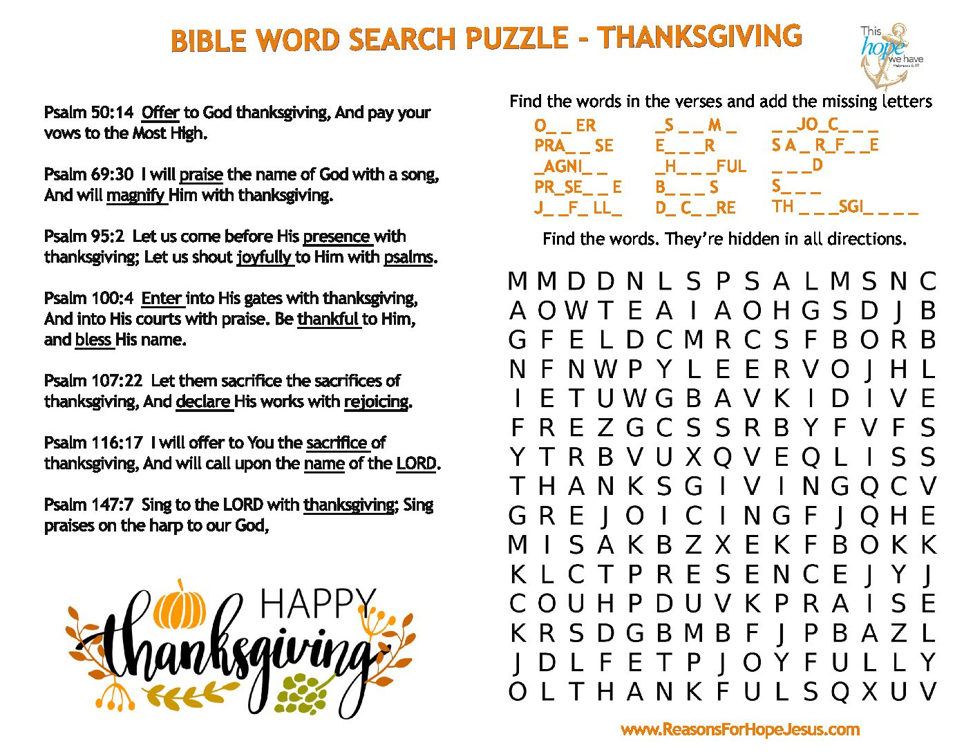 Thanksgiving Word Search Puzzle » Reasons For Hope* Jesus pertaining to Thanksgiving Sunday School Word Search