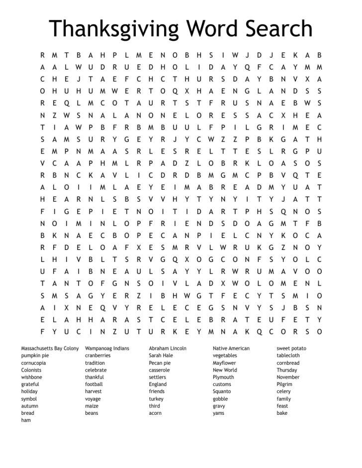 Thanksgiving Word Search Answers Freeology