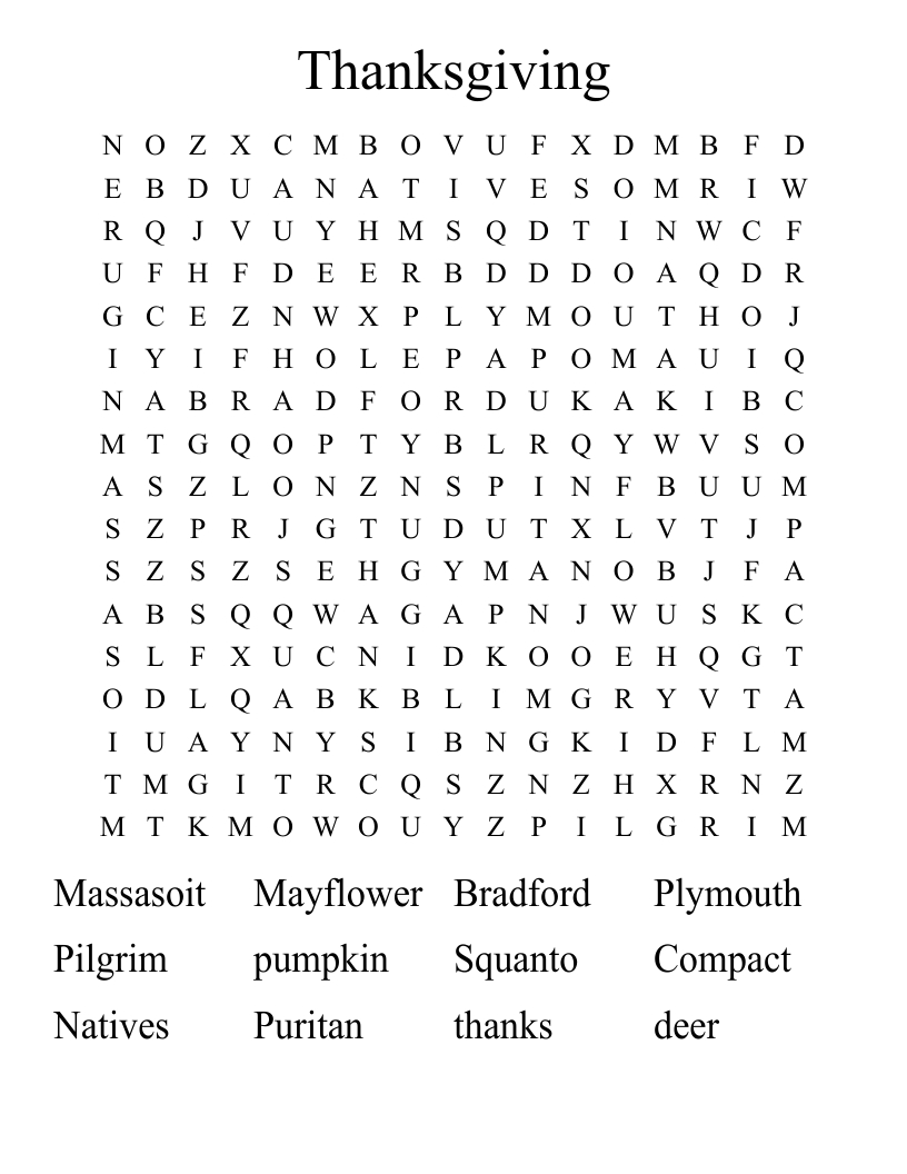 Thanksgiving Word Search - Wordmint inside Word Search Thanksgiving Squanto