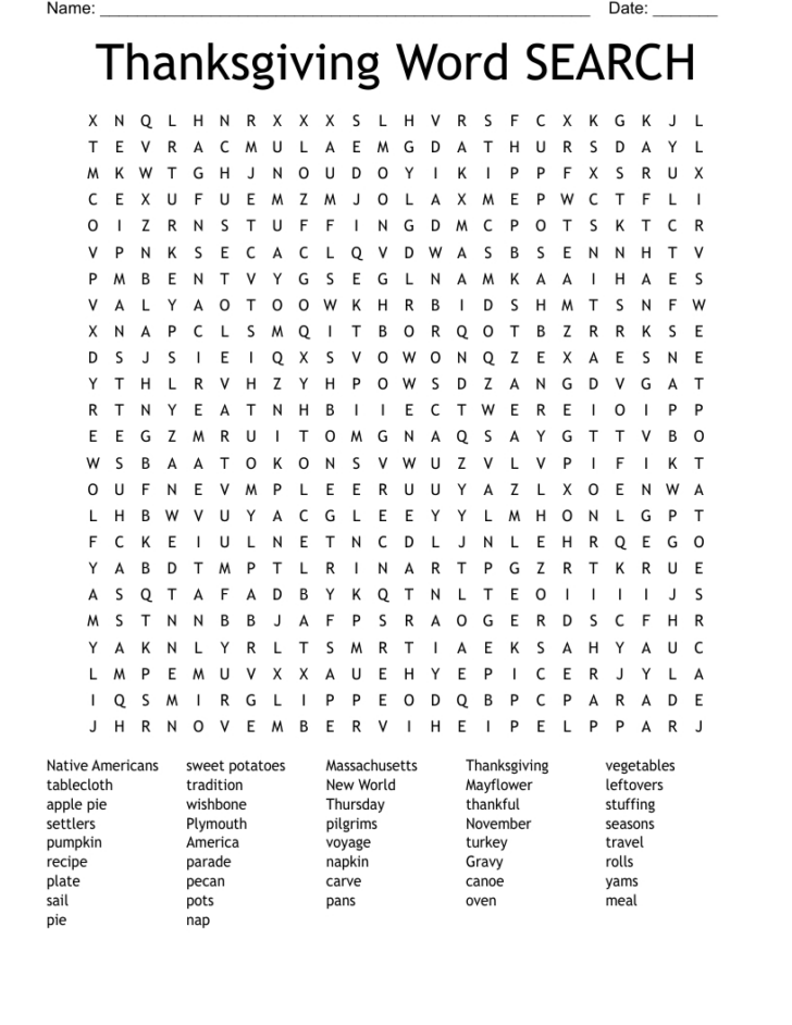 Thanksgiving Word Search For High School