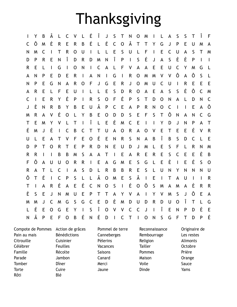 Thanksgiving Word Search - Wordmint pertaining to Thanksgiving French Word Search