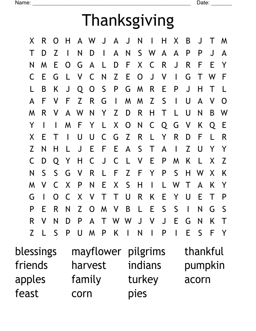 Thanksgiving Word Search - Wordmint with Edhelper Thanksgiving Word Search Answers