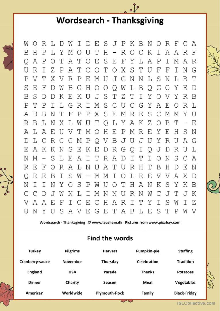 Thanksgiving Wordsearch Word Search: English Esl Worksheets Pdf &amp;amp; Doc inside Thanksgiving Esl Word Search