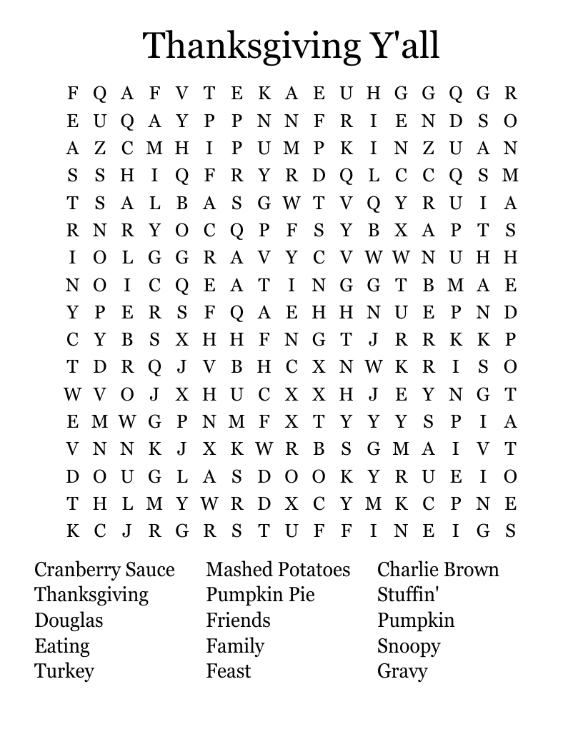 Thanksgiving Y&amp;#039;All Word Search - Wordmint inside Peanuts Thanksgiving Word Search