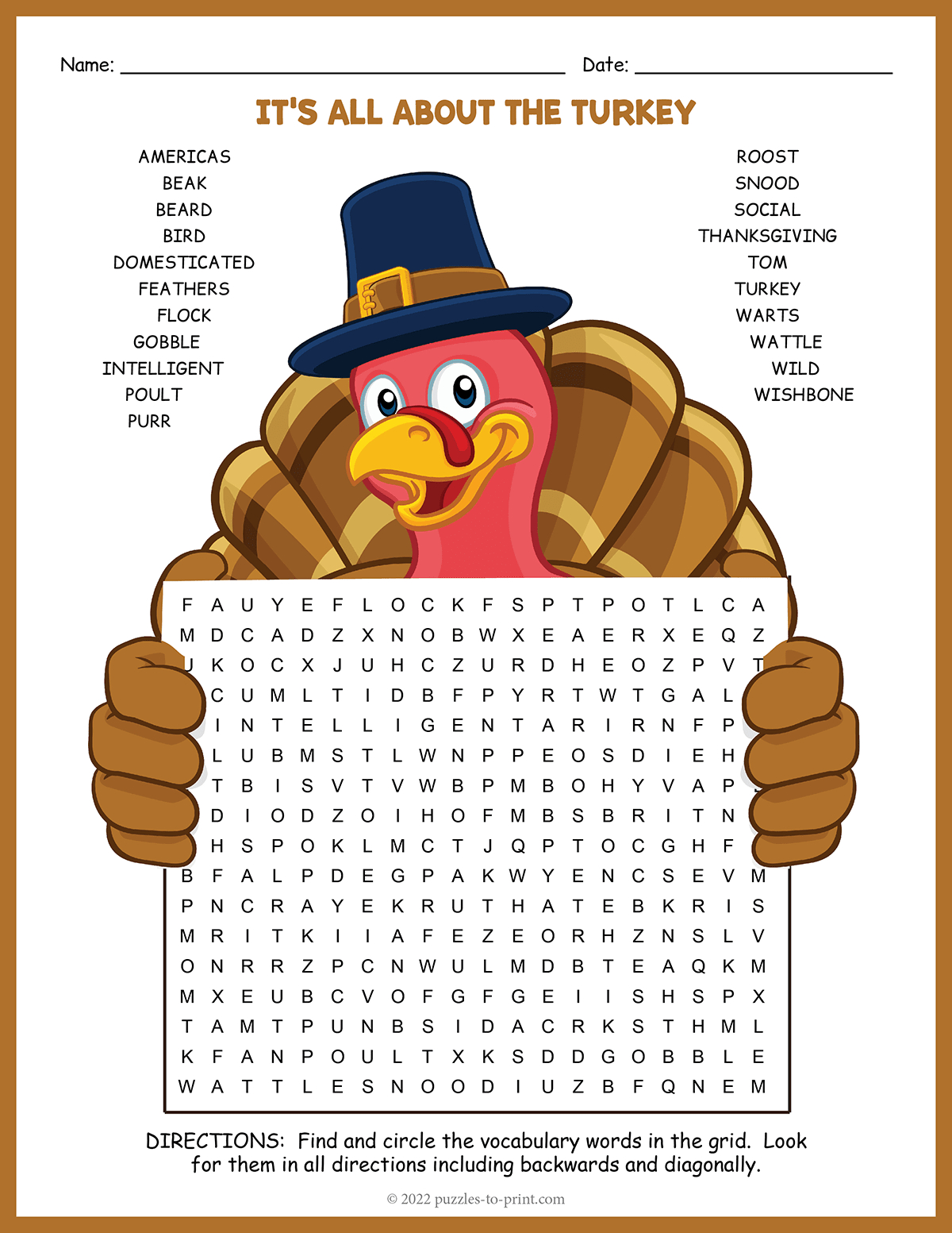 Turkey Word Search throughout Thanksgiving Turkey Word Search