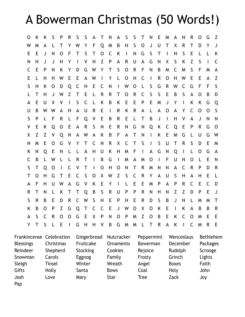 A Bowerman Christmas (50 Words!) Word Search - Wordmint intended for Christmas Word Search 50 Words