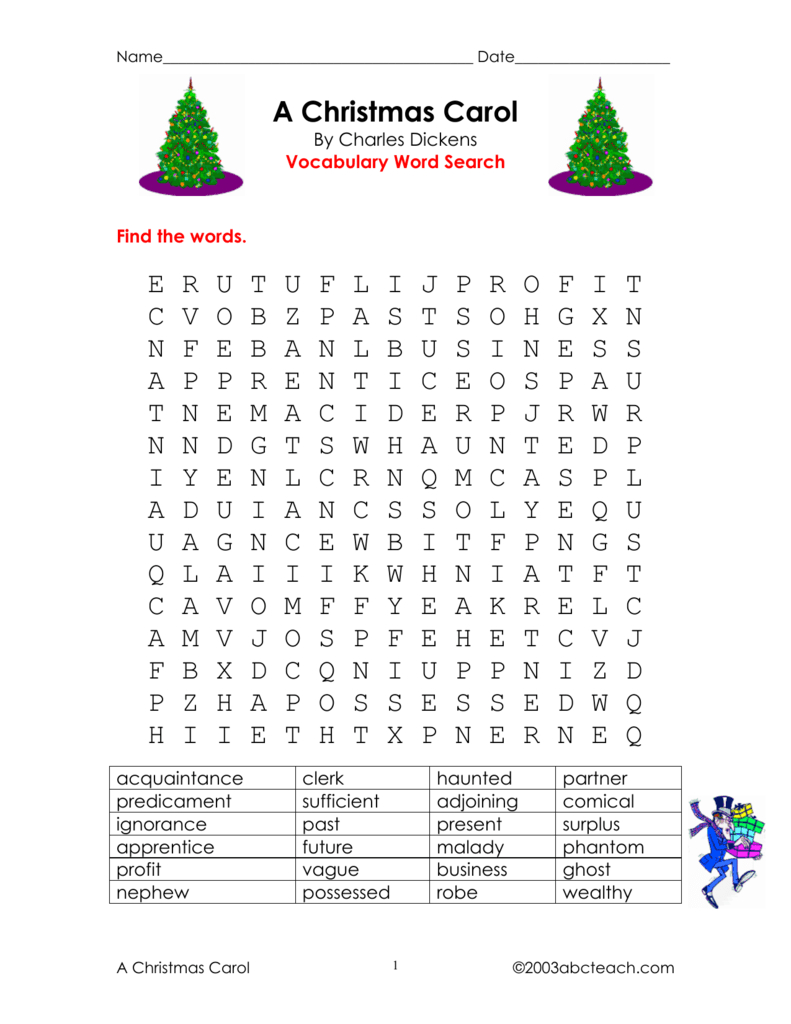 A Christmas Carol Vocabulary & Comprehension Worksheet pertaining to A Christmas Carol Vocabulary Word Search