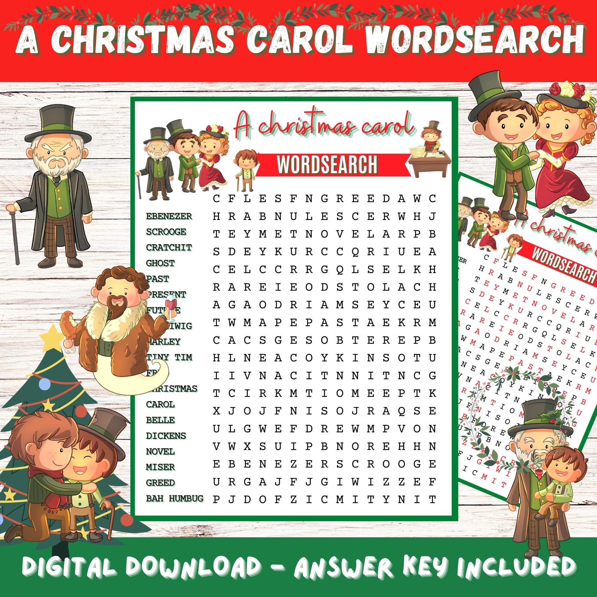 A Christmas Carol Wordsearch Printable With Answers, Fun Game for A Christmas Carol Word Search