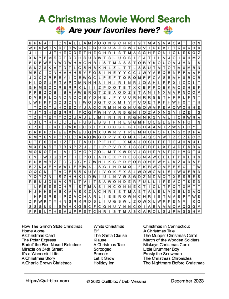 A Christmas Movies Word Search | Quiltblox for Christmas Movie Word Search Printable