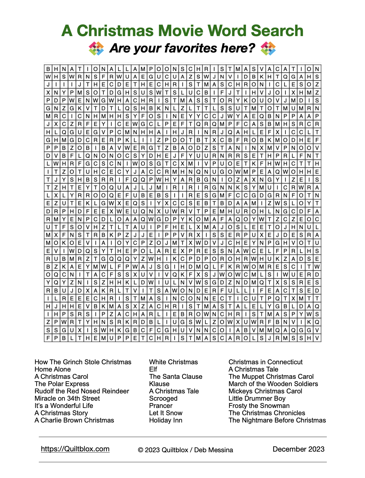 A Christmas Movies Word Search | Quiltblox regarding Christmas Movies Word Search