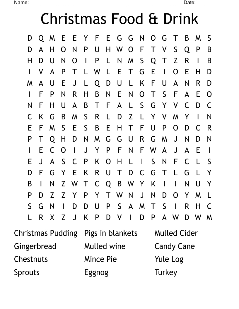 Christmas Food & Drink Word Search - Wordmint in Christmas Food Word Search Printable