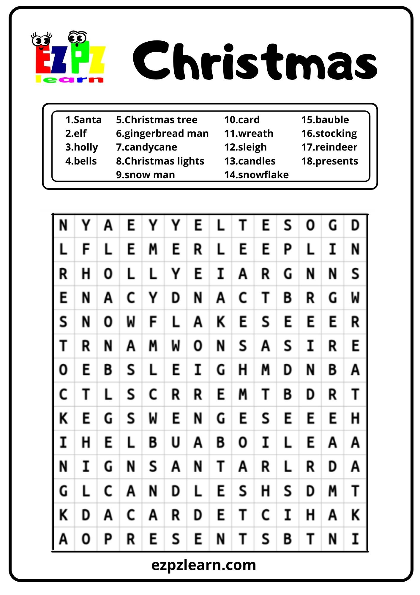 Christmas Holiday Word Search - Ezpzlearn intended for 2nd Grade Christmas Word Search