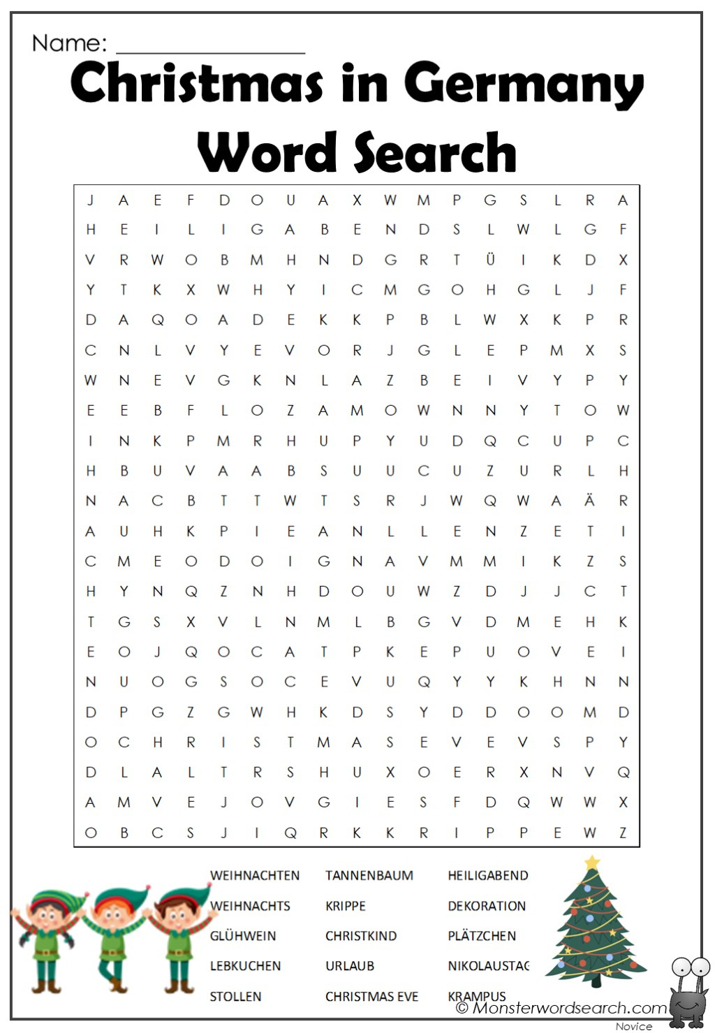 Christmas In Germany Word Search - Monster Word Search inside German Christmas Word Search