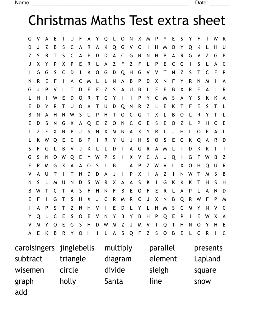 Christmas Maths Test Extra Sheet Word Search - Wordmint within Christmas Maths Word Search