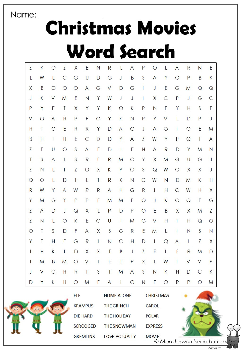Christmas Movies Word Search - Monster Word Search - Worksheets for Christmas Movies Word Search