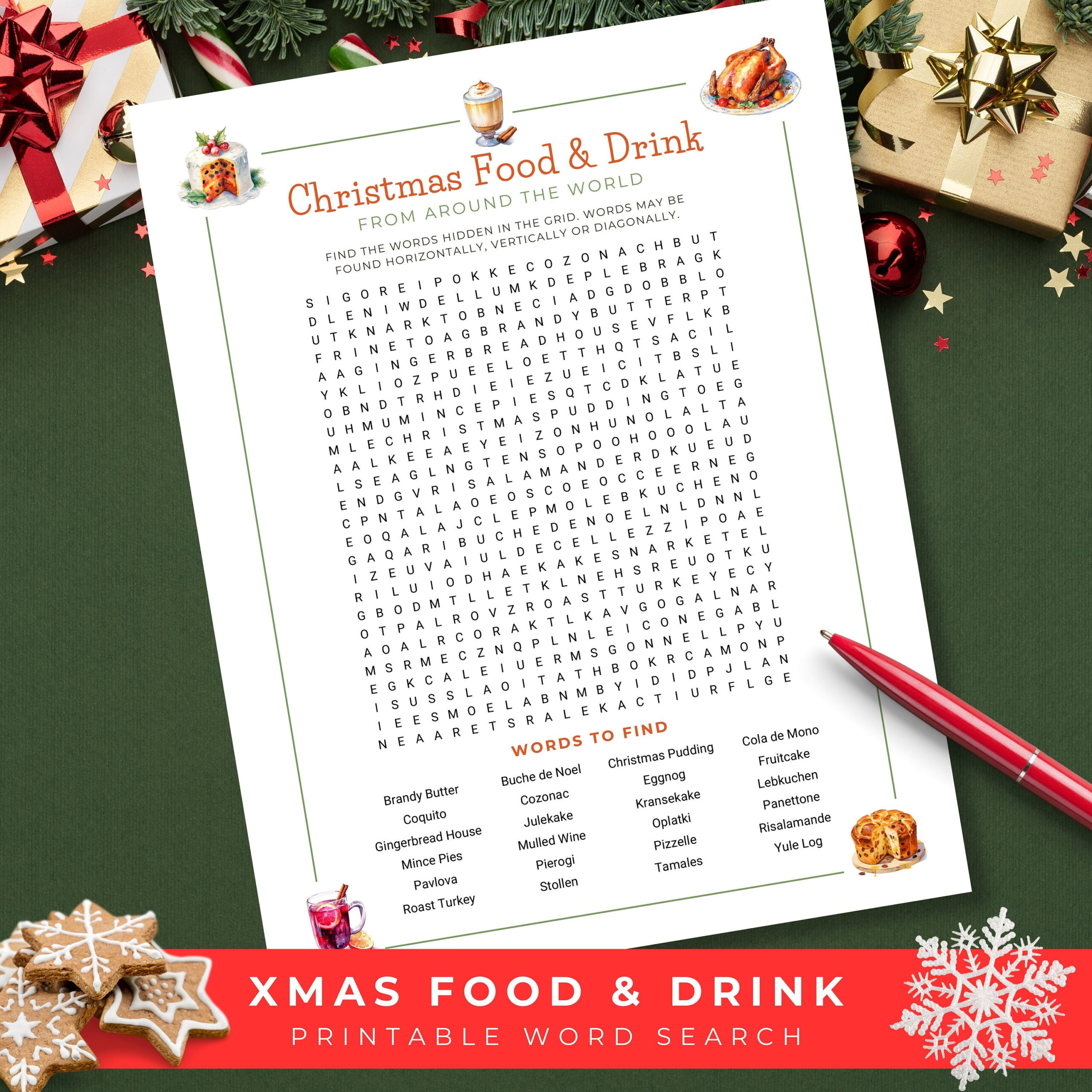 Christmas Word Search, Christmas Food & Drink Game, Holiday Word intended for Christmas Food Word Search Printable