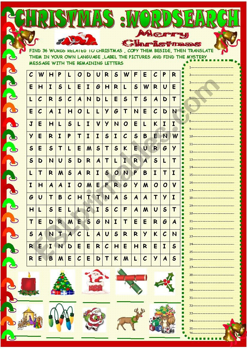 Christmas Wordsearch With A Hidden Message , Key Included - Esl in Christmas Word Search With Hidden Message