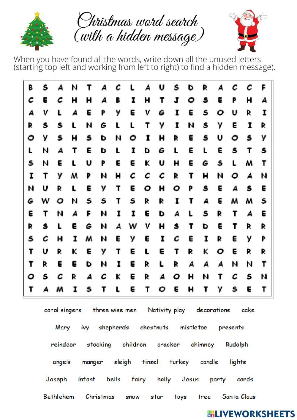 Christmas Wordsearch With Hidden Message Online Exercise For with Christmas Word Search With Hidden Message