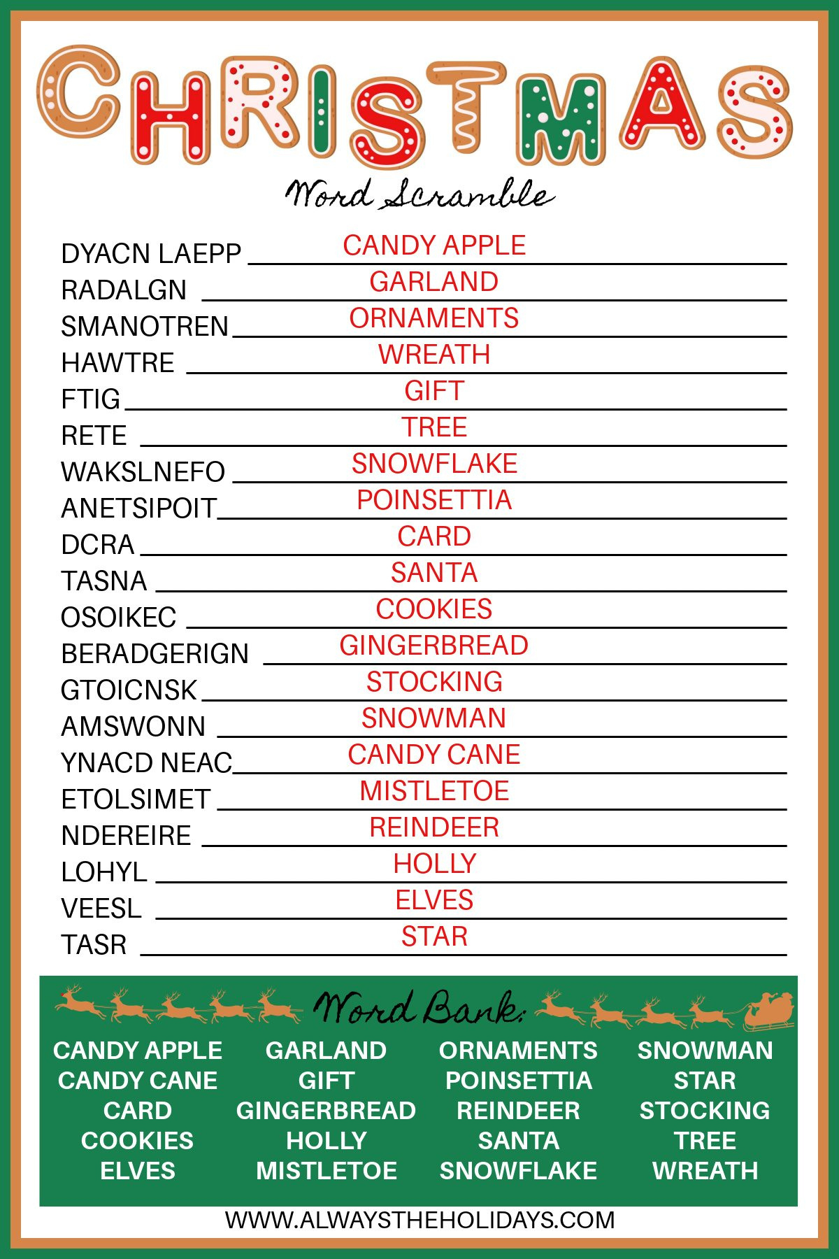 Free Christmas Word Scramble Printable With Answer Key Included inside Christmas Word Search Scramble Word List