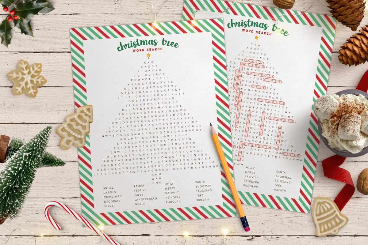 Free Printable Christmas Tree Word Search (With Answer Sheet in Christmas Tree Shaped Word Search