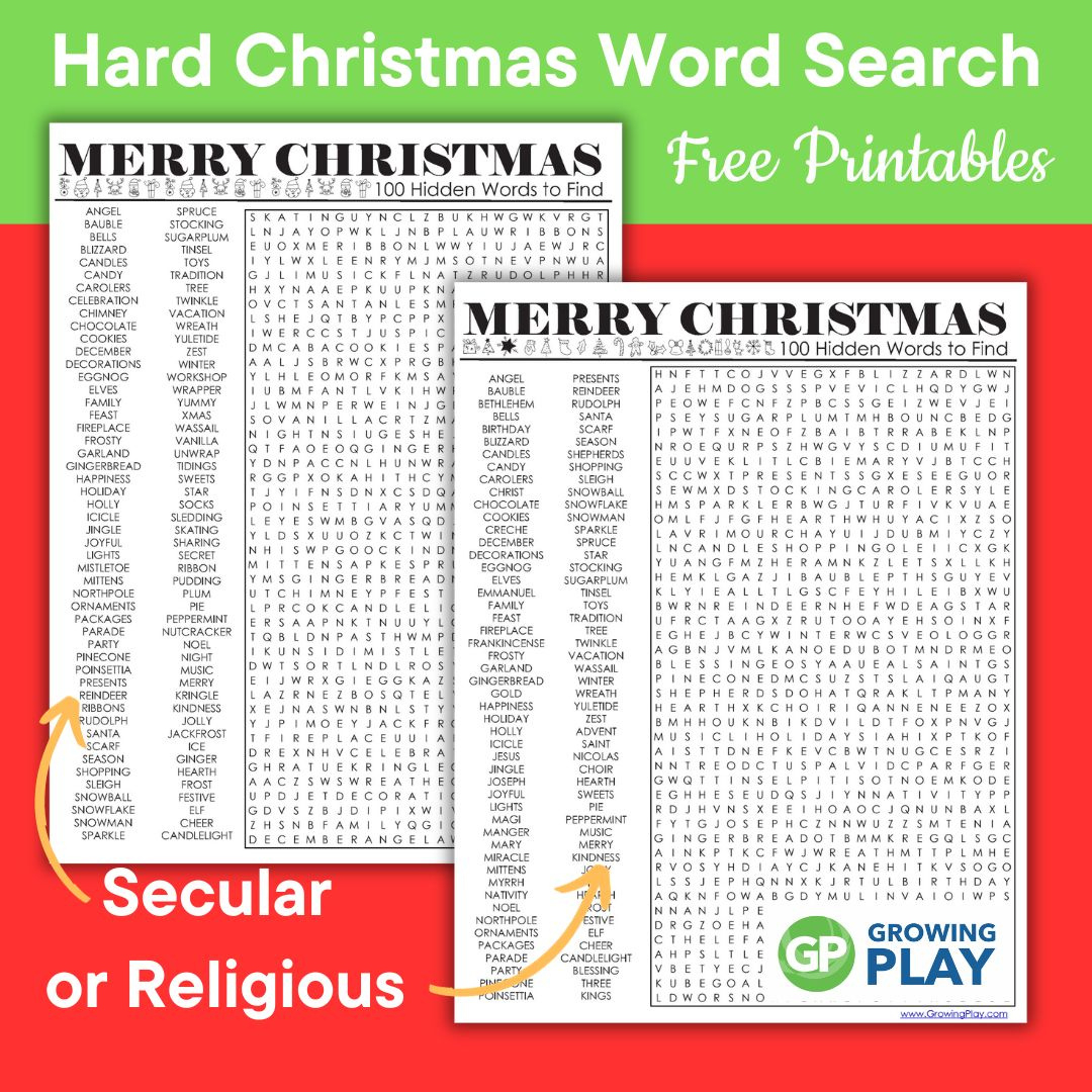 Hard Christmas Word Search Printables - Free Puzzles - Growing Play with Christmas Word Search 100 Words