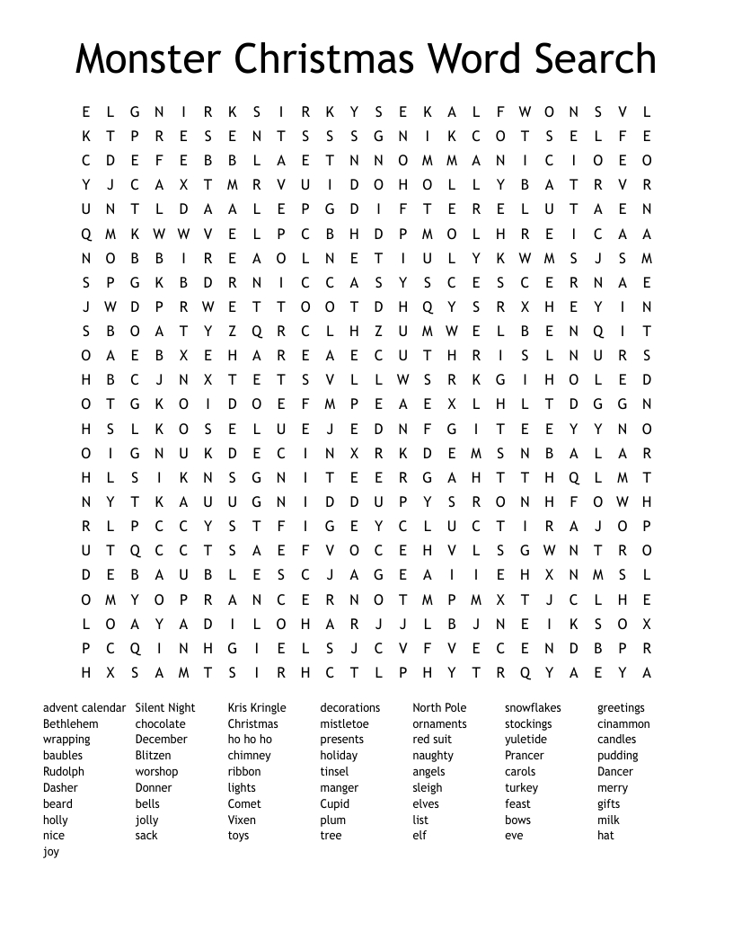 Monster Christmas Word Search - Wordmint intended for Monster Christmas Challenge Word Search Answers