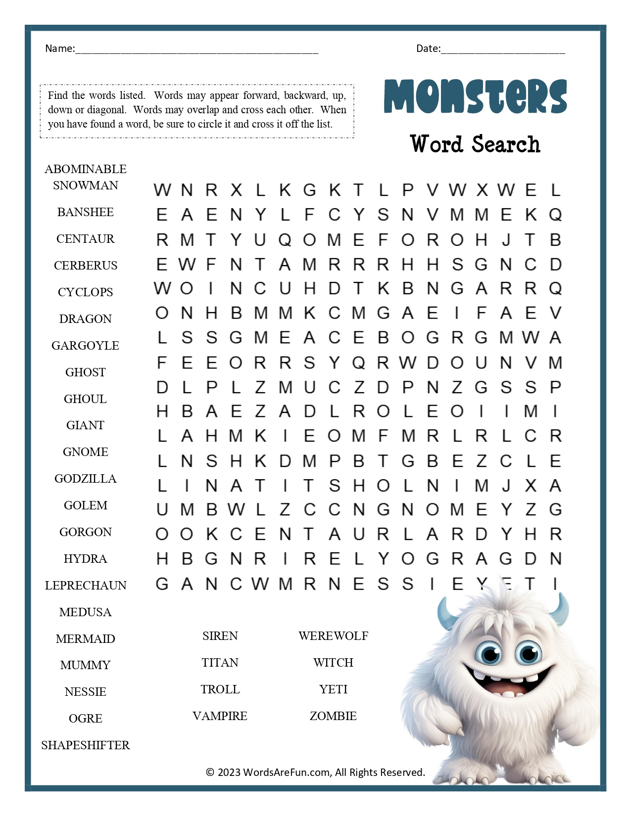 Monsters Word Search with regard to Monster Christmas Challenge Word Search Answers