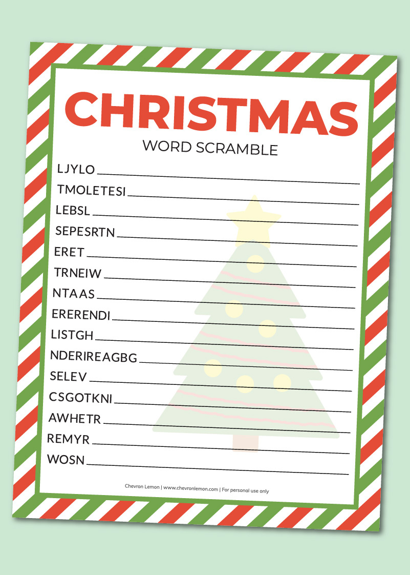 Printable Christmas Word Scramble - Chevron Lemon pertaining to Christmas Word Search Unscrambler