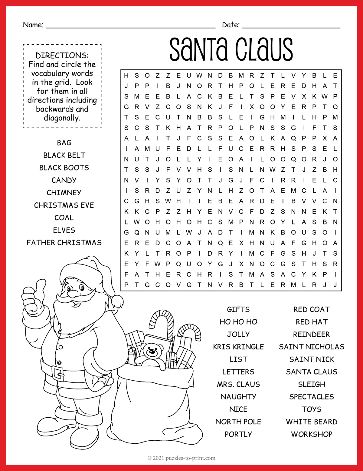 Santa Claus Word Search with Christmas Santa Word Search