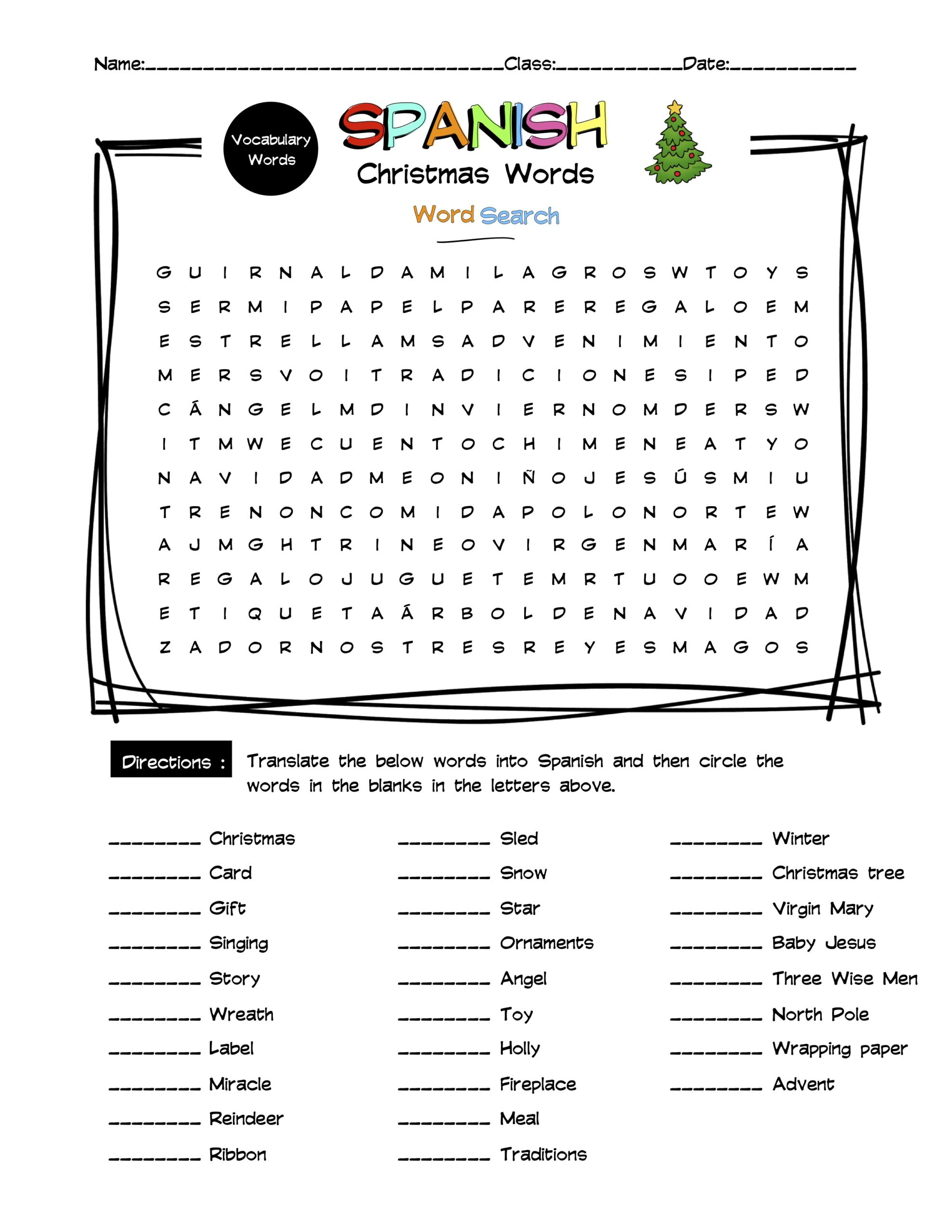 Spanish Christmas Vocabulary Word Search &amp;amp; Answer Key | Made in Printable Spanish Christmas Word Search