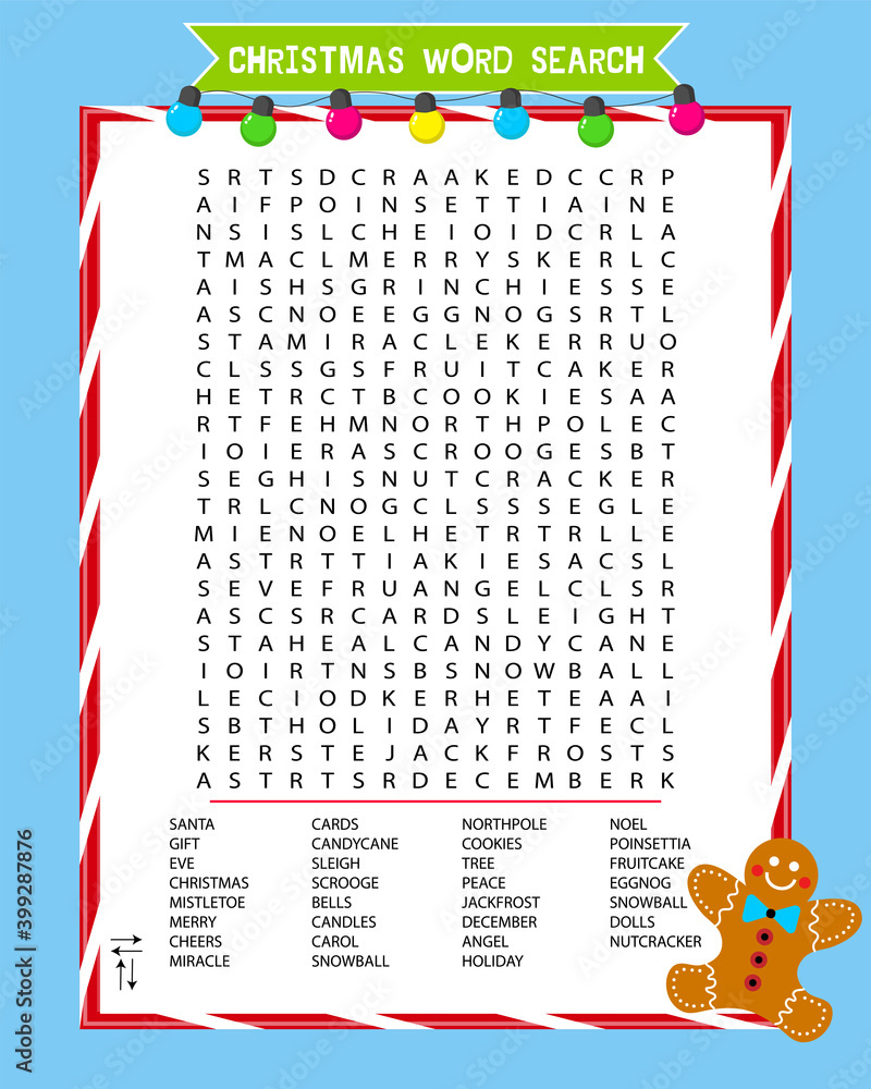 Stock-Vektorgrafik „Educational Game For Children. Christmas Word within English Christmas Word Search