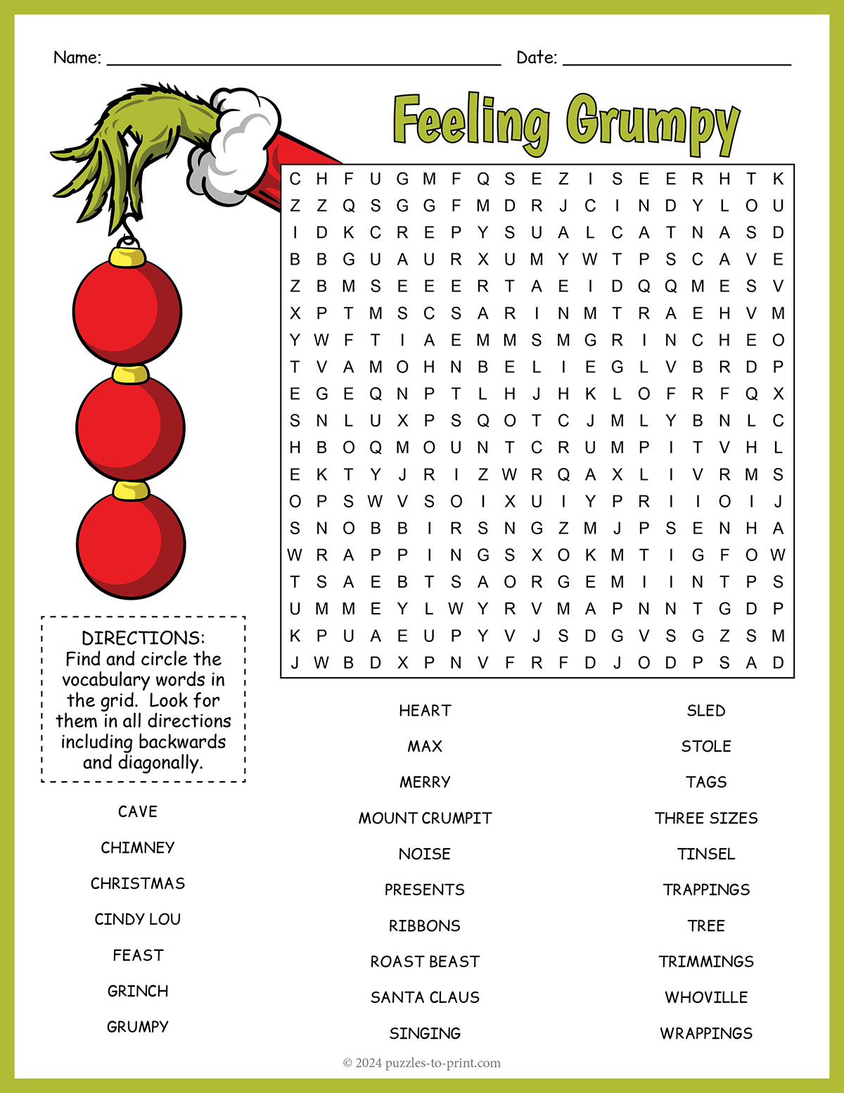 The Grinch Word Search inside Christmas Word Search Puzzles For Adults