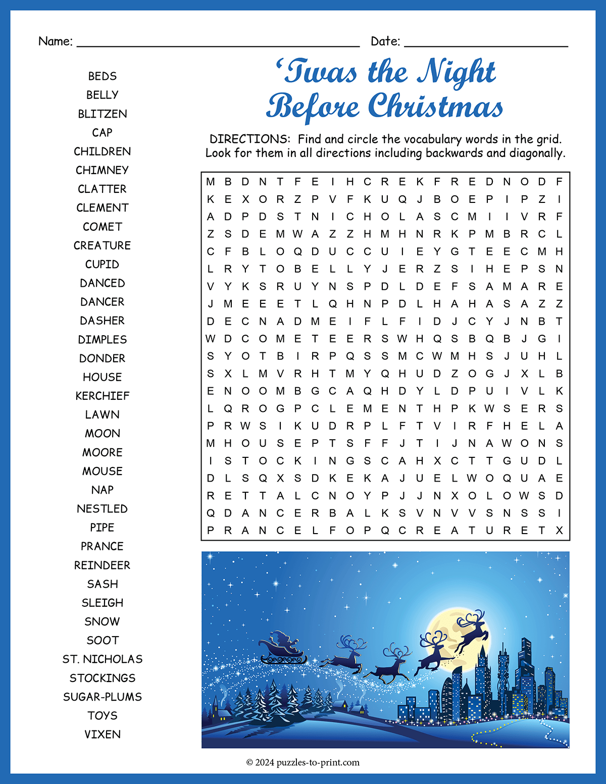 Twas The Night Before Christmas Word Search for Twas the Night Before Christmas Word Search Answers
