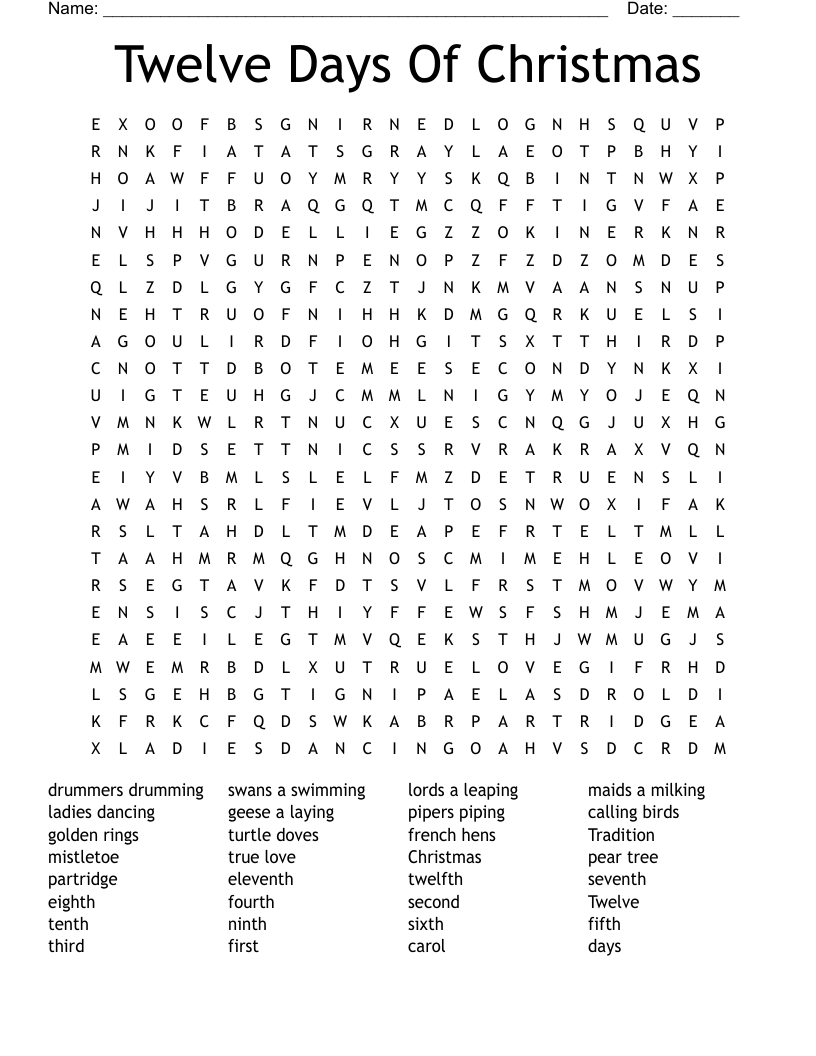 Twelve Days Of Christmas Word Search - Wordmint for Twelve Days Of Christmas Word Search