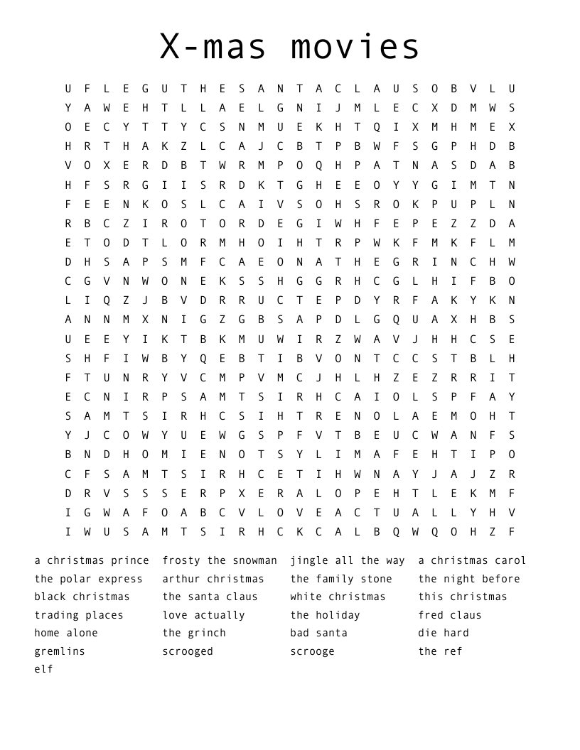 X-Mas Movies Word Search - Wordmint intended for Christmas Movies Word Search