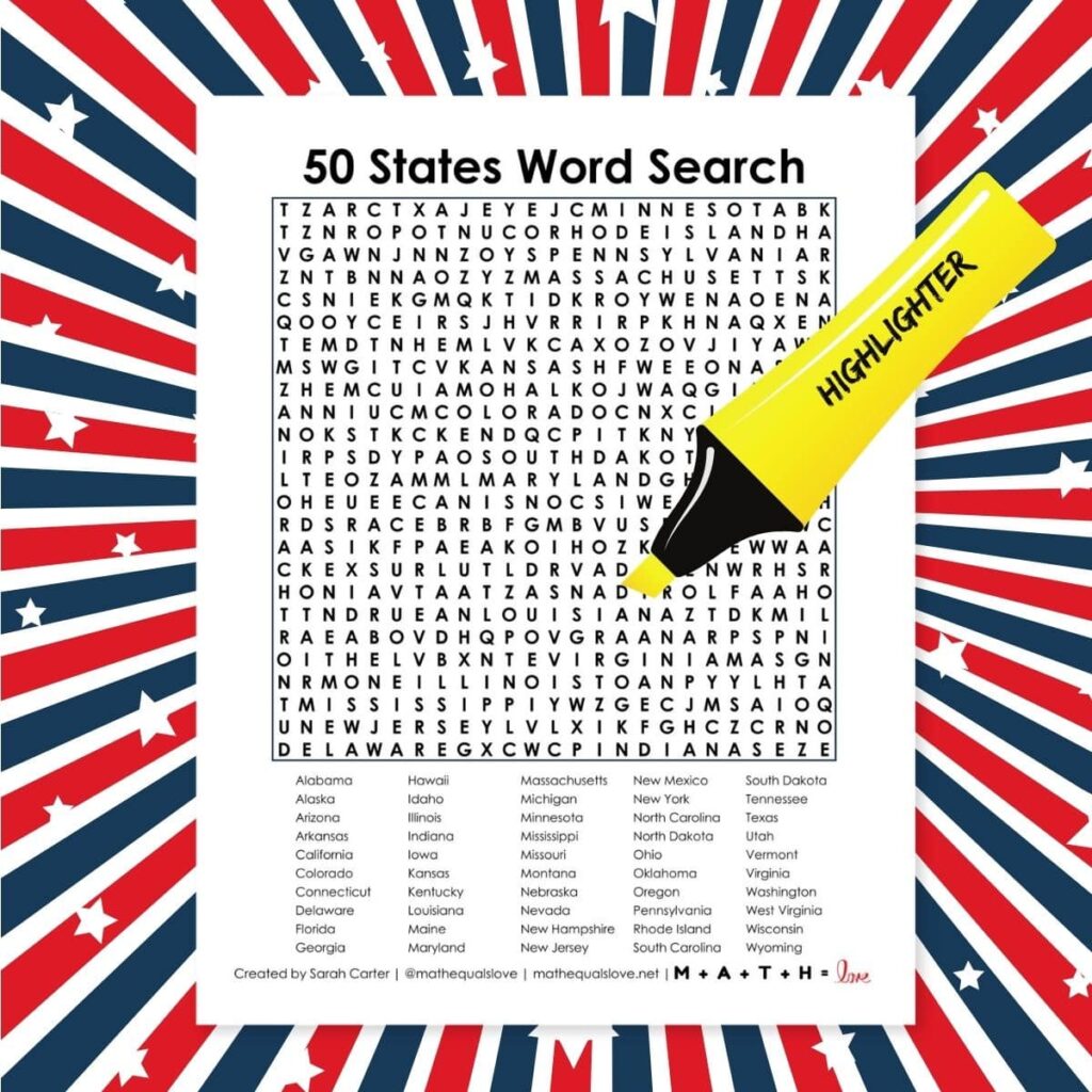 50 States Word Search Puzzle